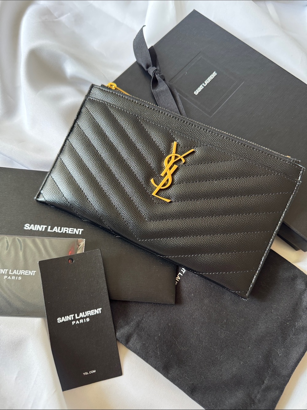 Saint Laurent Black Quilted Leather Zip Bill Pouch with Gold YSL Monogram